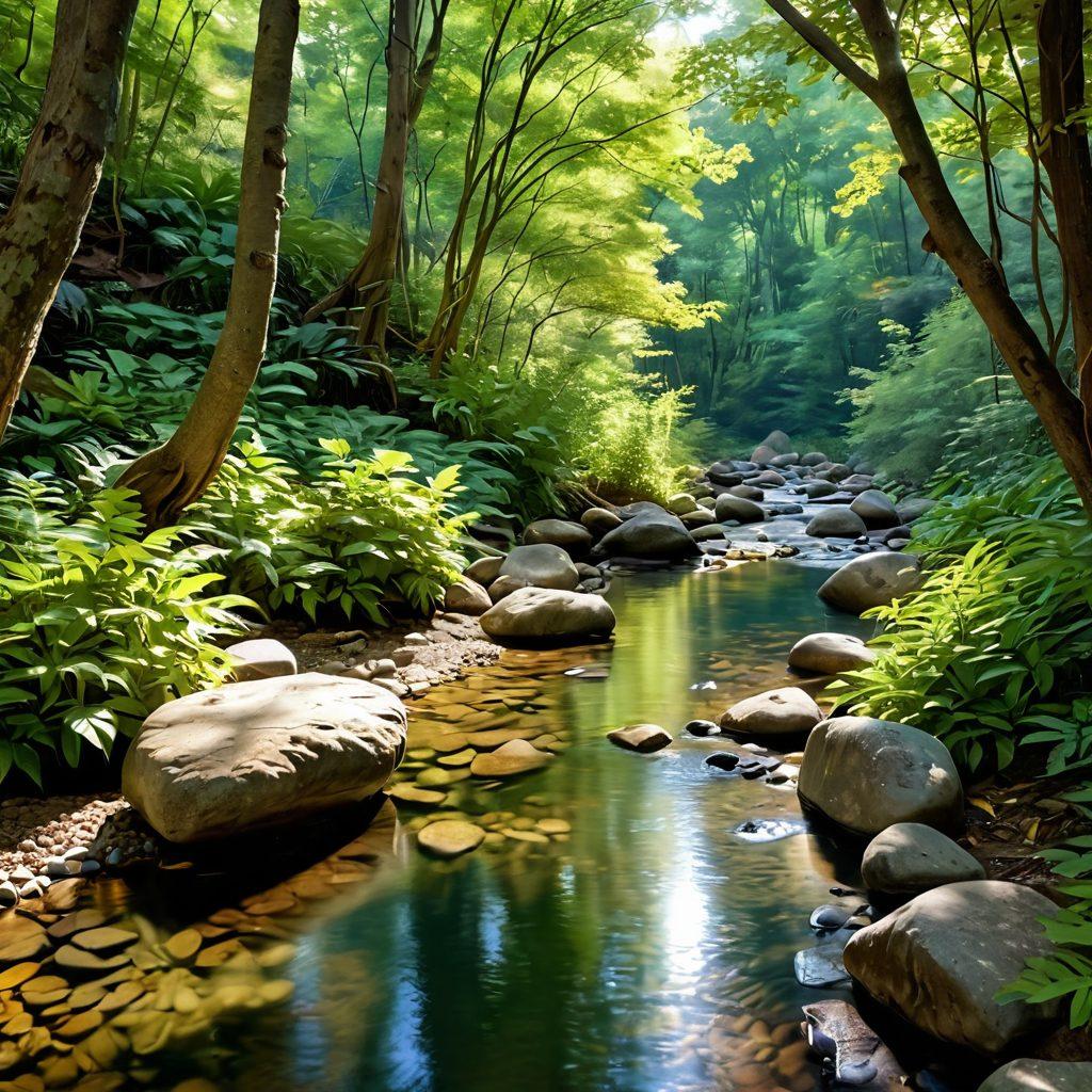 A serene landscape featuring a tranquil path through a lush forest, dappled sunlight filtering through the leaves, a gentle stream flowing alongside, and a person meditating on a rock by the water; soft, calming colors to enhance a sense of peace and personal growth. super-realistic. vibrant colors. soothing ambiance.