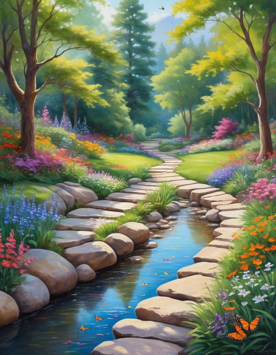 A serene landscape featuring a tranquil garden with blooming flowers and a softly flowing stream. In the foreground, a person practicing yoga on a grassy patch, surrounded by lush greenery and colorful butterflies. Gentle sunlight filters through the trees, illuminating a path of stones leading to a peaceful meditation area. Harmonious colors evoke a sense of calm and joy. painting. vibrant colors. peaceful ambiance.