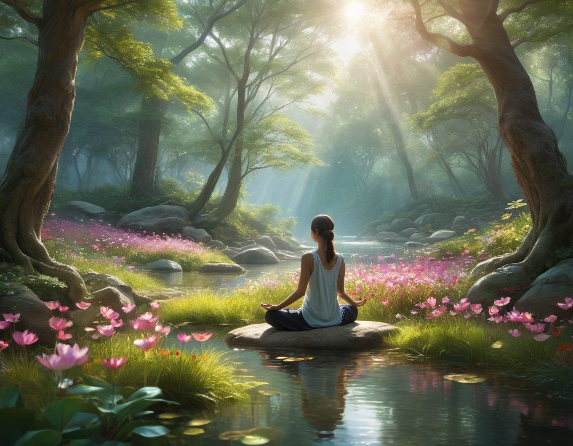 A serene landscape depicting a tranquil forest with sunlight filtering through the trees, a person meditating peacefully on a soft grass patch, surrounded by colorful flowers and gentle streams, embodying harmony with nature. Add elements like a glowing aura around the meditator, and subtle symbols of mindfulness (like lotus flowers or soft clouds). vibrant colors. super-realistic.